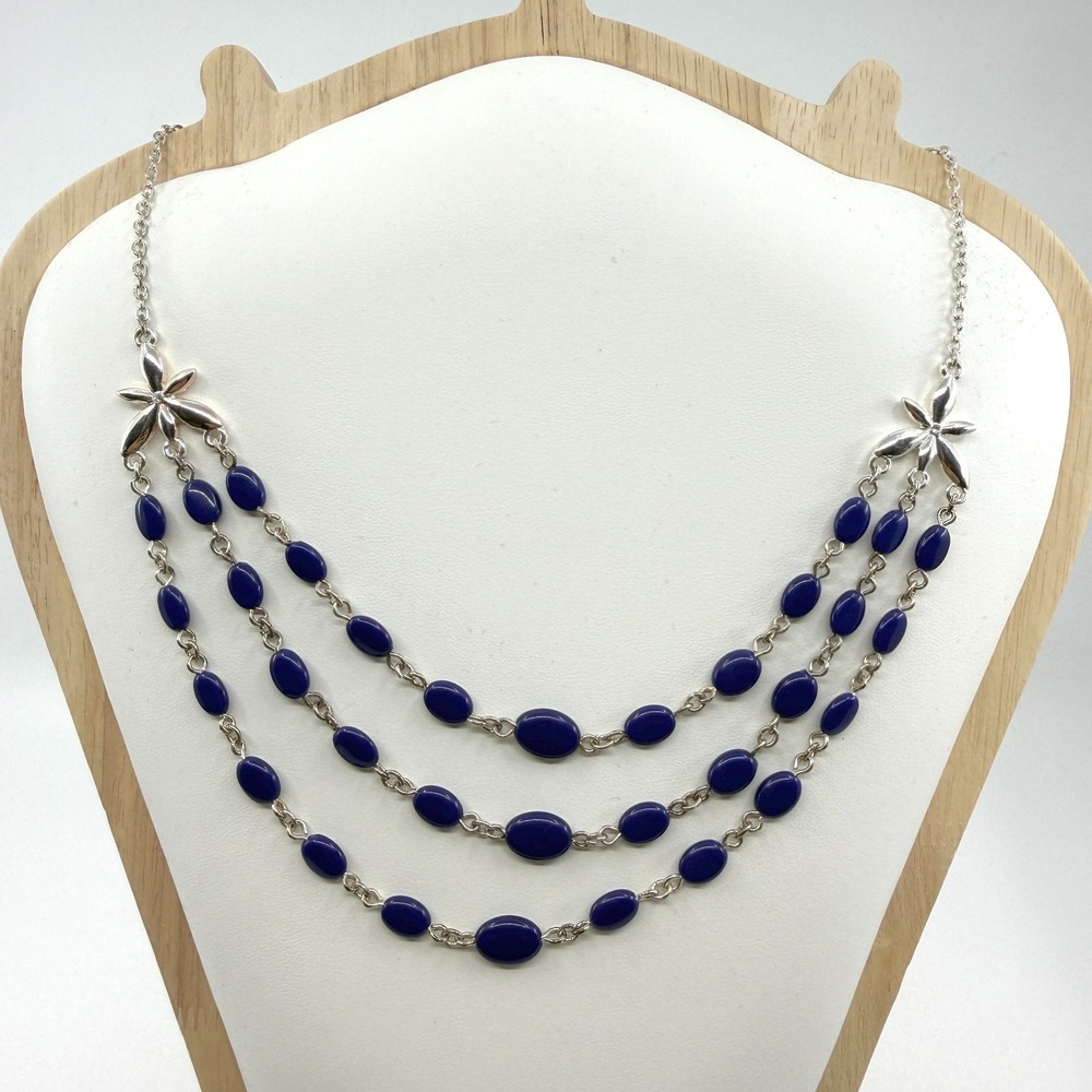 Triple Strand Blue Bead Silver Tone Flower Link Statement Necklace Layering Gift